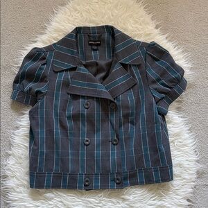 NWOT Guess Jeans Plaid Cropped Double-Breasted Jacket with Short Puffed Sleeves